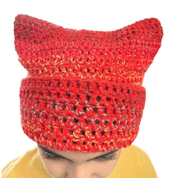 Handmade Accessories - Crochet Cat Ear Cuff Oversize Beanie Red with Multicolor Small Stripes Brand New